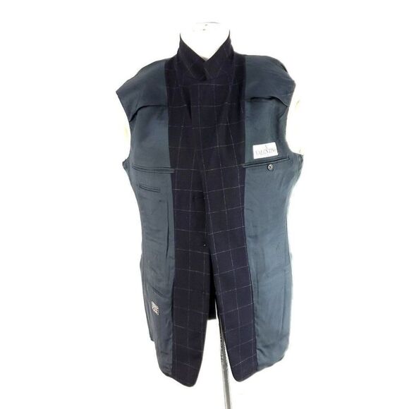 Valentino Flannel Wool Cashmere 3 Button Sport Coat W/ Vest 42L Blue Windowpane - Picture 9 of 11